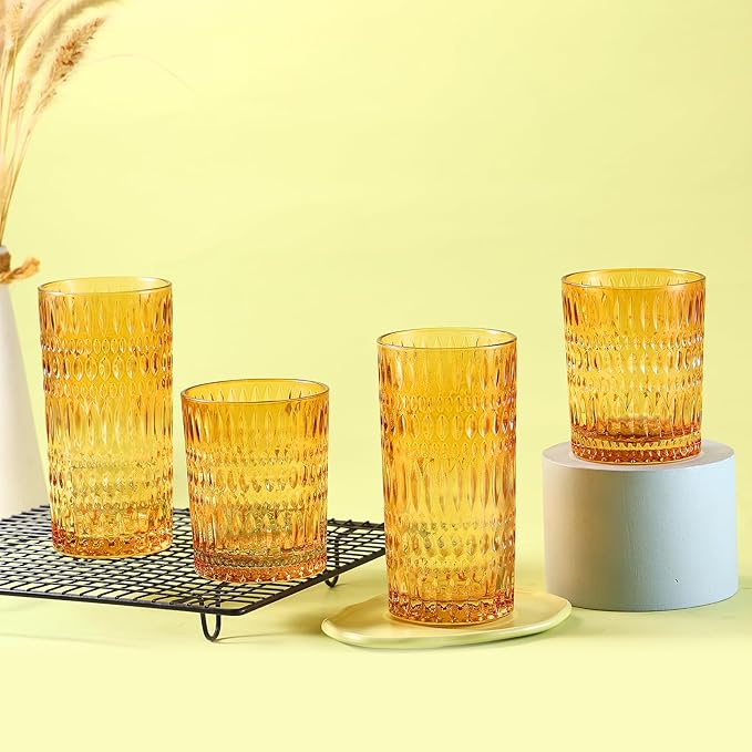 Glassware Drinking Glasses Set of 8, 14 oz Highball Glasses & 10 oz Ribbed Glass Cups, Vintage Glassware for Water, Juice, Cocktail (Thanksgiving Amber)