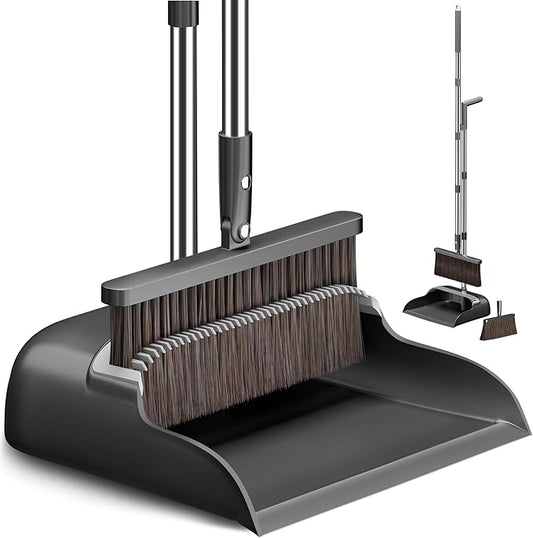 CTIME Broom with Dustpan, Broom with Dustpan Combo Set, 51.6" Adjustable Long Handle with 2 Replaceable Broom Heads, Standing Broom and Dustpan Set for Indoor Sweeping, Home, Office, Kitchen,Floor