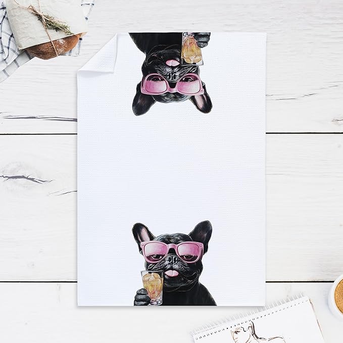 Cabana Bro Funny Cocktail Black French Bulldog Kitchen Towels, Gifts for French Bulldog Lovers, Frenchie Gifts Dish Tea Hand Towels for Kitchen Bar Cart Decor, Bar Towel for Bartender, 16x24 Inches
