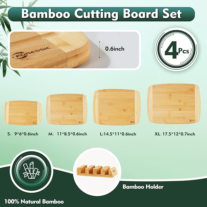 Bamboo Cutting Board Natural Bamboo Set With Smooth Surface 4 Packs with Non Slip Feet Holder and Over Sink Solid Thick Durable Wood Charcuterie Serving Tray Meat, Fruit, Vegetables & Cheese