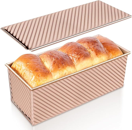 Pullman Loaf Pan with Lid, Non-Stick Carbon Steel Bread Pan for Homemade Sandwich & Sourdough Bread, 1lb Dough Capacity, Corrugated Toast Box Mold, Gold