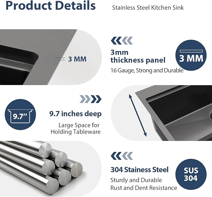 Lordear 33 Inch Black Drop In Kitchen Sink 33x19 Inch Drop in Top Mount Sink 16 Gauge Stainless Steel Single Bowl Ledge Worktation Kitchen Sinks Handmade Deep Basin With Cutting Board, 33"x19"x10"