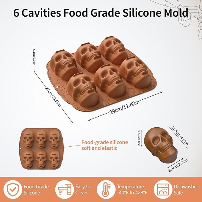 Halloween Skull Silicone Molds for Baking, 6 Cavities 3D Skull Baking Pan for Cake Chocolate, Skeleton Mold for Pizza Ice Wax Melt Jelly Resin (Coffee)