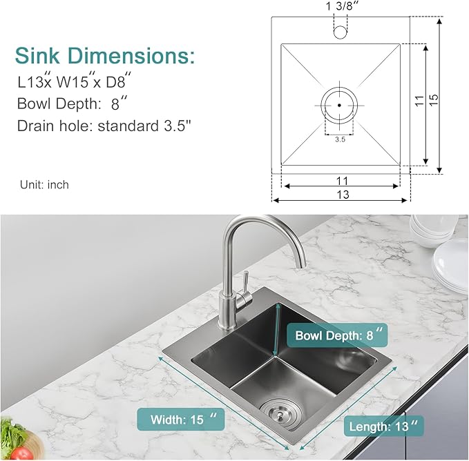 13 × 15 inch Drop in Bar Sink Black - Topmount Small Kitchen Sink Single Bowl, Handmade T-304 Stainless Steel Overmount Kitchen Bar Sinks with Basket Strainer
