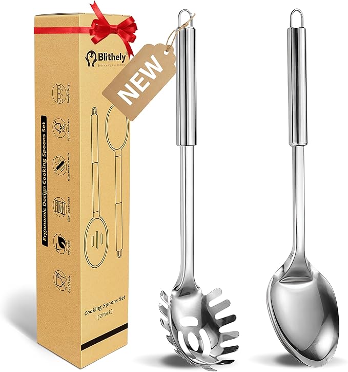Large Cooking Spoon and Pasta Fork Set, 2 Pack Stainless Steel Serving Spoon, Heat Resistant Kitchen Noodle Spoon for Cooking, Serving, Mixing and Spaghetti