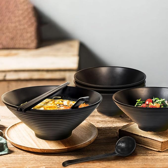 Set of 4 Ramen Bowl Set, Melamine Large Japanese Style Noodle Soup Bowls Set with Spoons and Chopsticks for Ramen, Pho, Noodles, Asian Dishes Black,Large Bowl for Adults| Dishwasher Safe (Black 8.7in)