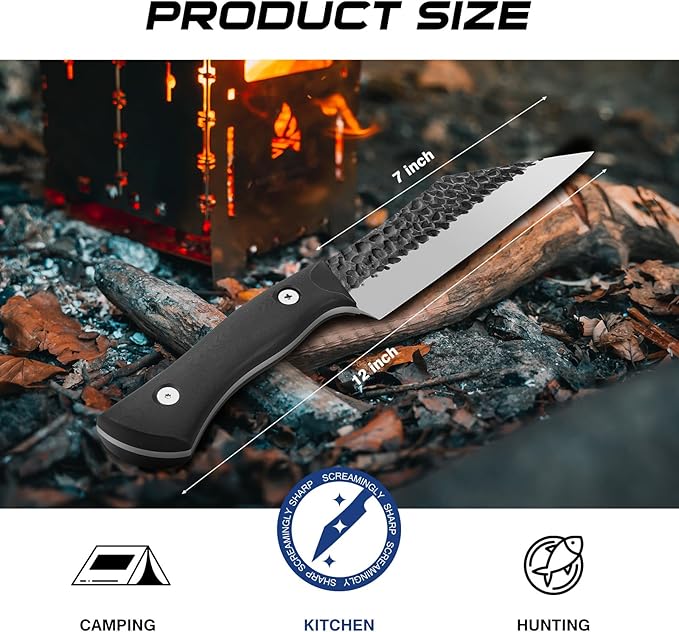 FINTISO Chef Knife 7 inch Kitchen Knife Japanese Style Boning Knife for Meat Cutting Sharp Viking Knife with Full Tang G10 Handle Butcher Knife for Home, Camping, BBQ