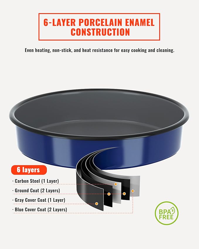 Enamel Baking Pans Set Round Roasting Dish 4-Pack 9/10/12/14 Inch Non Stick Large Bakeware for Cake Bread Pie Pizza Turkey Steak, Non-Toxic Carbon Steel Oven Dishwasher Safe Thanksgiving Cookware