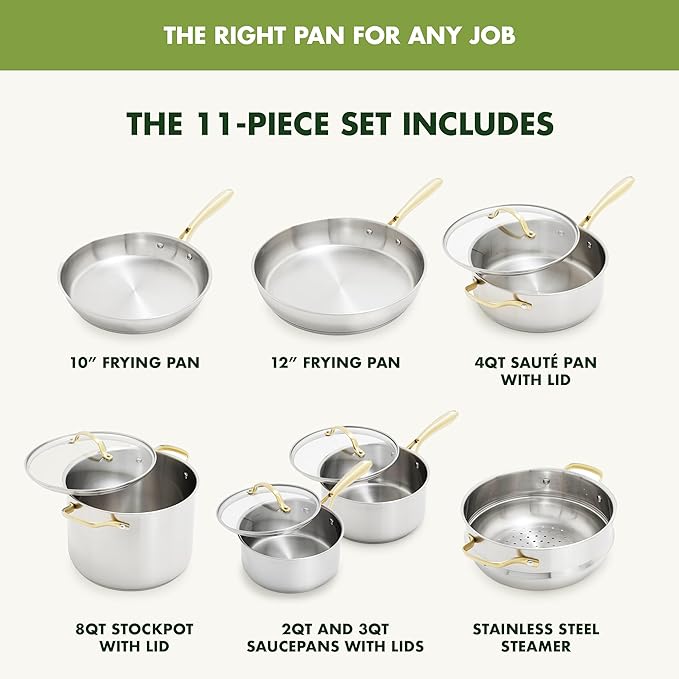 GreenPan11 Piece Stainless Steel Cookware Set, Induction Ready, Measurement Markings, Dishwasher & Oven Safe 600F, Pots & Pans, Sauce, Saute, Frying Pans, Gold