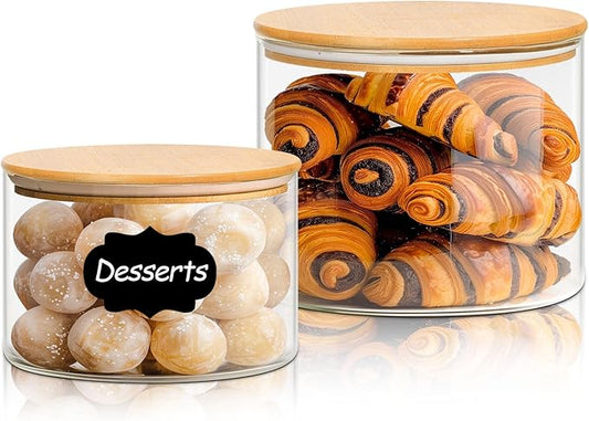 ComSaf Glass Food Storage Containers, 3.2Qt / 1.4Qt Glass Flour and Sugar Containers with Airtight Lids, 7.1'' Wide Mouth Large Glass Jars with Bamboo Lid for Rice, Pasta, Oats, Grains, Cookie, Candy