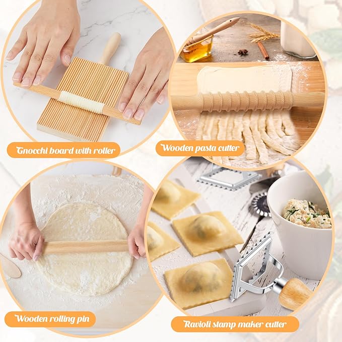 Tioncy 7 Pcs Pasta Making Tool Set Wood Gnocchi Board with Ravioli Stamp Ravioli Maker and Rolling Pin Homemade Gnocco Maker Kitchen Gift for Christmas Baking Lovers(Classic Gnocchi Board Set)