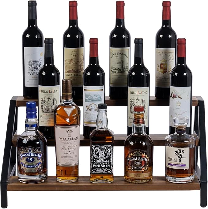 MyGift 3-Tier Wine Rack, Industrial Rustic Wood & Black Metal Countertop Organizer, Stair Step Shelf for Liquor Bottles, Glasses, Barware - Kitchen, Home Bar, Commercial Use