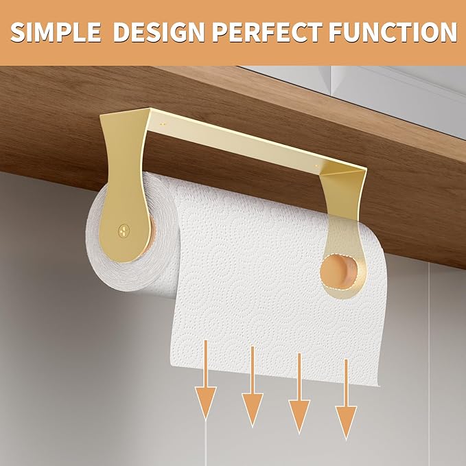 Gold Paper Towel Holder Under Cabinet, Gold Kitchen Accessories Decor, Stainless Steel, Wall Mount Paper Towel Holder for Bathroom, Adhesive or Screws