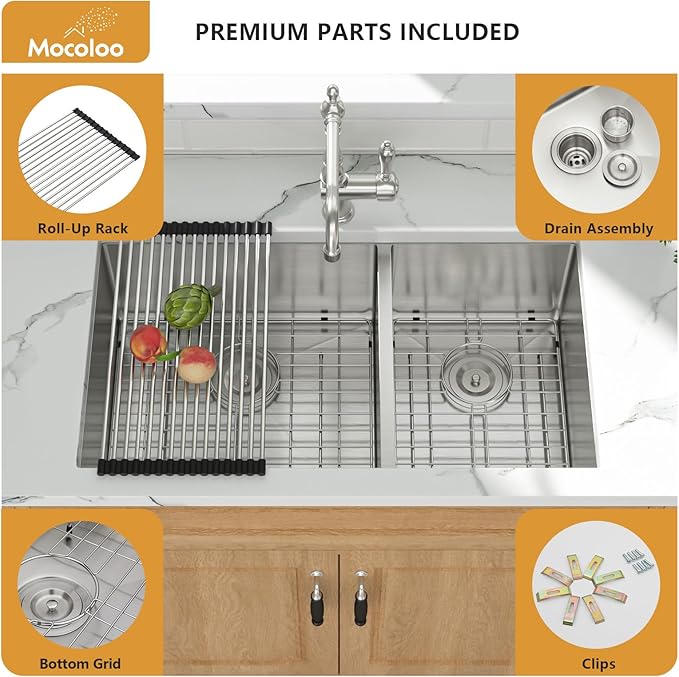 Mocoloo 33 Inch Undermount Kitchen Sink Double Bowl - 60/40 Stainless Steel Double Bowl Under Counter 16 Gauge Kitchen Sinks Handmade, 33x19x10 Inch