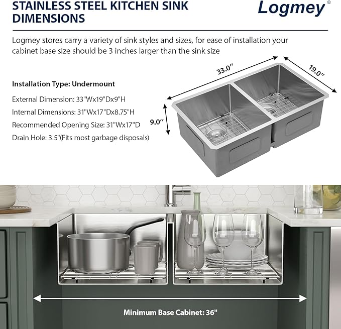 Logmey 33 Inch Double Bowl Undermount Kitchen Sink 33x19x9 Inch 50/50 Nano Coating Stainless Steel 16 Gauge Handmade Kitchen Sink