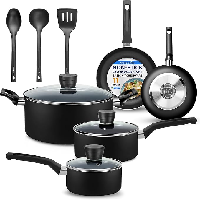 SereneLife Kitchenware Pots & Pans Basic Kitchen Cookware, Black Non-Stick Coating Inside, Heat Resistant Lacquer (11-Piece Set), One Size, Black