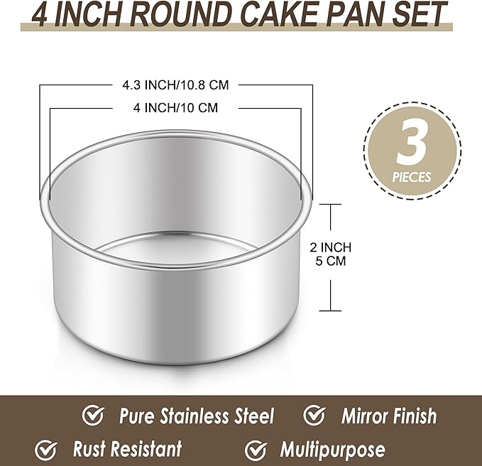 Homikit Mini Round Cake Pan Set of 3, 4 Inch Stainless Steel Small Baking Pans, Layer Smash Cake Tins for Birthday Baby Shower Wedding Party, Oven & Dishwasher Safe