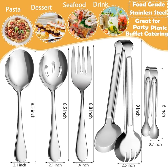 10 PCS Stainless Steel Serving Utensils, Large Serving Spoons Slotted Spoons, Serving Forks, Serving Tongs, Ice Suger Tongs, Metal Utensils Set Great for Buffet Catering Banquet Party (silver)