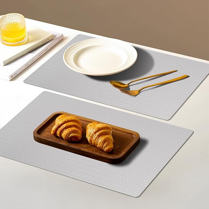 Vinyl Placemats Set of 6-12×17.7 Inch Waterproof & Heattable Placemats, Fall Faux Leather Wipeable Outdoor Table Mat for Dining, Kitchen, Indoor Outdoor Use (Grayish White, Cable Pattern)