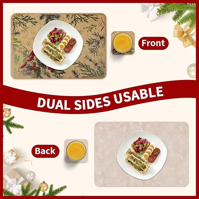 Le courant 16.9in 6PACK Christmas Bird Placemats with 6 Coasters, Reversible Faux Leather Easy Clean Waterproof Stain Resistant Place Mats, for Home Party Dining Holiday Table Decor