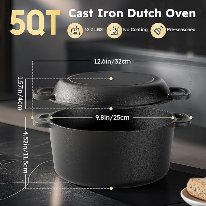 5QT Cast Iron Dutch Oven for Bread Baking, Proofing Basket Sourdough Starter Kit, 2 in 1 Bread Making Pan Pot with Lid, Sour Dough Tools Set Includes Lame Supplies, Gifts for Baker