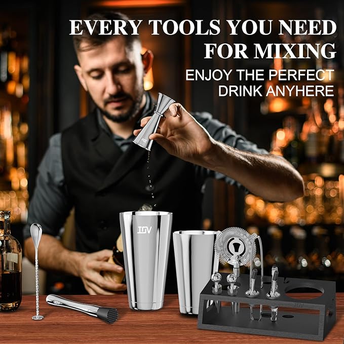 IOV Cocktail Shaker Set: 12-Piece Mixology Bartender Kit Bar Set | 18oz & 28oz Boston Shaker Drink Mixing Tools for Home with Recipe Booklet and Stand | Fun Housewarming Gift (Silver)