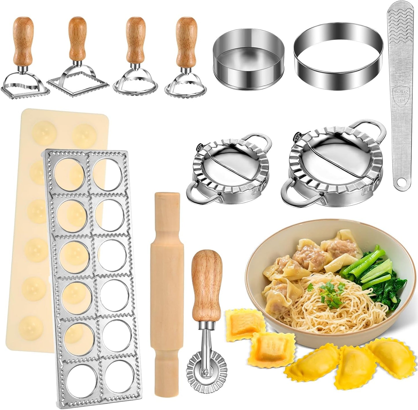 Baderke 12Pcs Pasta Maker Tools Ravioli Making Kit Include 5 Ravioli Stamp Maker Cutter with Roller Wheel 1 Wooden Rolling Pin 1 Press Mold 5 Stainless Steel Dumpling Molds for Kitchen Homemade Kit