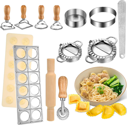 Baderke 12Pcs Pasta Maker Tools Ravioli Making Kit Include 5 Ravioli Stamp Maker Cutter with Roller Wheel 1 Wooden Rolling Pin 1 Press Mold 5 Stainless Steel Dumpling Molds for Kitchen Homemade Kit