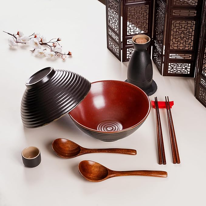 NUTRIUPS 8 Inch Ceramic Ramen Bowl Set of 2 Pho Bowls 40oz Japanese Noodle Udon Soup Bowls with Spoons and Chopsticks (Rusty Red Brown)