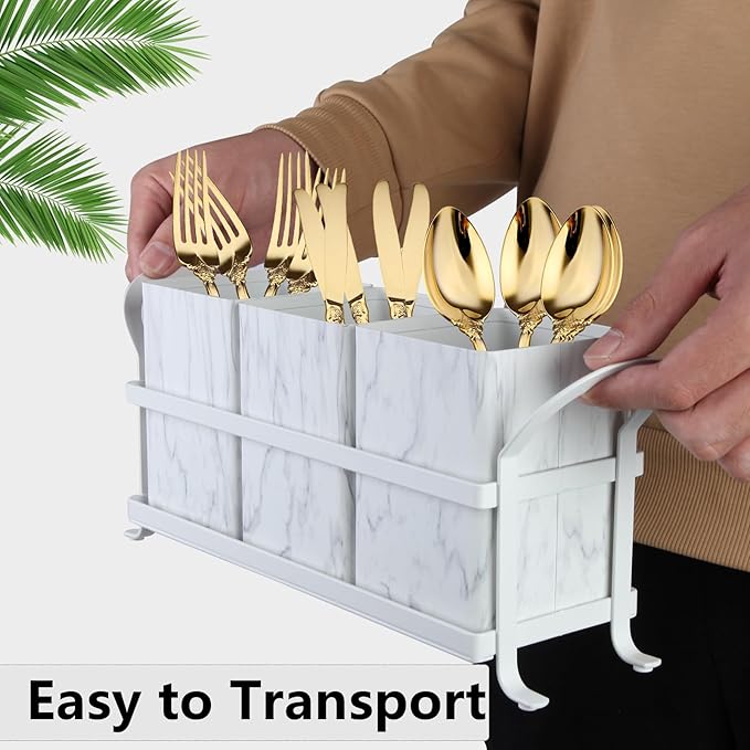 Kitchen Utensil holder for Countertop, Silverware Caddy,Marble White Cutlery Holder Utensils Organizer for Party Gatherings, Metal and Durable Design