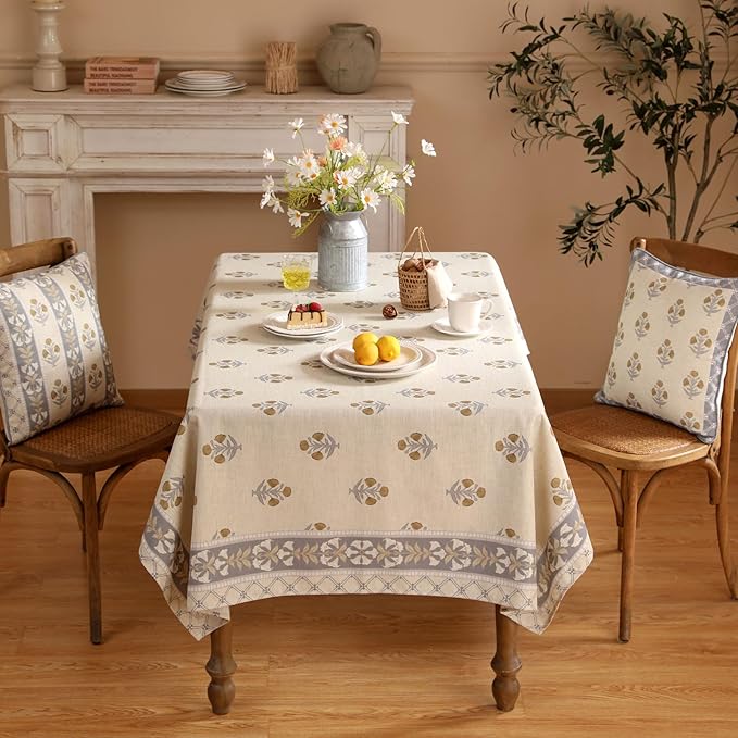 patdrea Designer Beige Tablecloth for Rectangle Tables,Vintage Linen with Yellow Flowers Pattern Tablecloths,Rustic Floral Table Cover Cloth Decor for Kitchen Dining Christmas,55"*71"