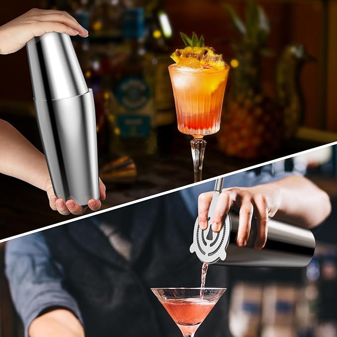 Stainless Steel Cocktail Shaker, 3-Piece Mixology Bartender kit, Bar Set with 18oz & 28oz Mixed Drink Shaker, Cocktail Tin Hawthorne Strainer