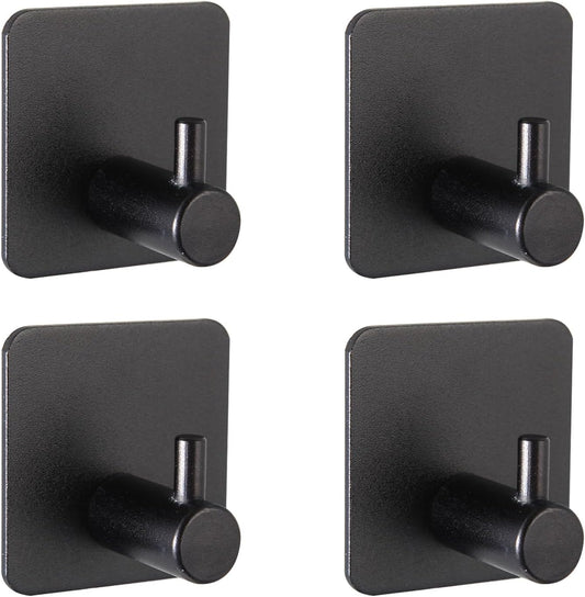 Aluminum Wall Hooks, No Drill Damage-Free Adhesive Hook, Product for Hanging Heavy Duty for Bathroom Kitchen Home (Single Square Black Hook, 4)
