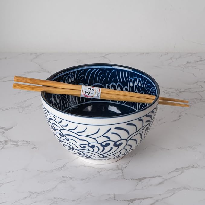 Urban Tokyo Porcelain Japanese Motif Design Ramen Udon Noodle Rice Bowl With Chopsticks 20 fl oz 6 inch Diameter Bowl Sets Color Box Packaging (Nami Waves)