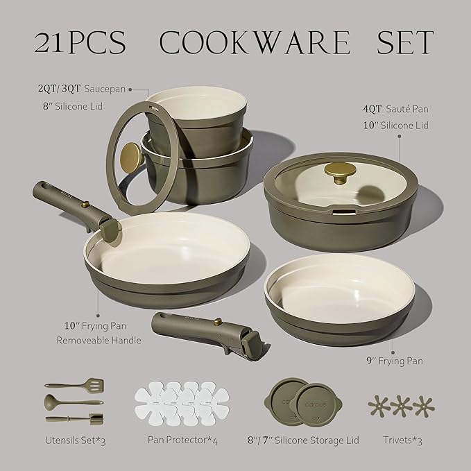 Carote 21pcs Ceramic Cookware Set with Detachable Handles, Pots and Pans Set Non Stick, RV Kitchen Cooking Pot and Pan, Dishwasher Safe, Non-toxic Induction Cookware PFAS and PFOA Free, Green