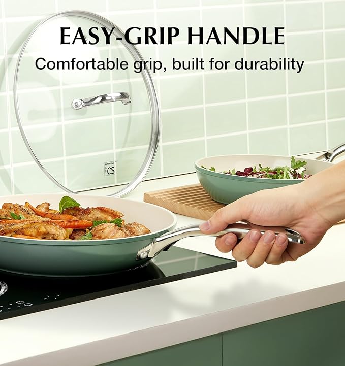 KOCH SYSTEME CS 10 Inch Nonstick Frying Pan with Lid, Non Stick Ceramic Frying Pan with Stay-Cool Stainless Steel Handle, Induction Compatible Skillet, PTFE & PFOA Free, Oven Safe, Sage Green