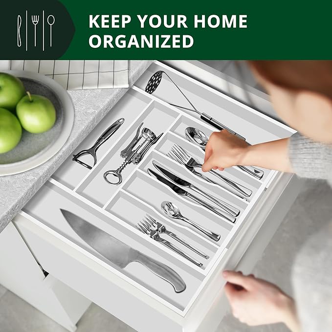 ROYAL CRAFT WOOD Luxury Bamboo Kitchen Drawer Organizer - Silverware Organizer - Utensil Holder and Cutlery Tray with Grooved Drawer Dividers for Flatware and Kitchen Utensils (9 Slot, White)