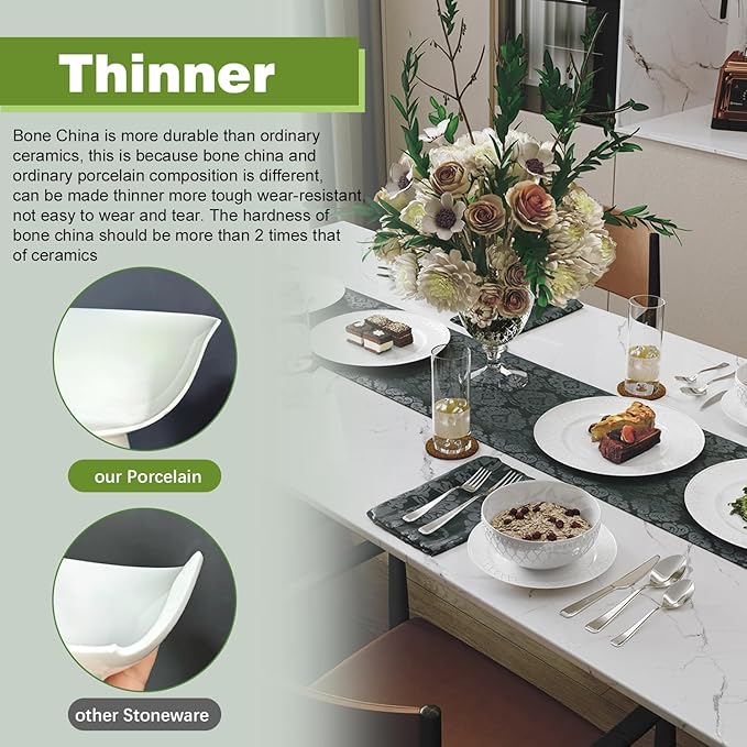 Yoshy 12-Piece White Embossed Mesh Bone China Dinnerware with Lightweight Durable Chip Resistant Design Service for 4