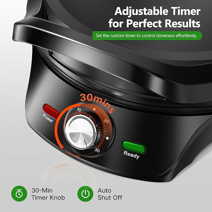 1500W Electric Griddle, 2-in-1 Indoor Griddle and Pizza Maker with 30-Min Timer and Auto Shut-Off, 12" 180° Open for BBQ, Steak, Burgers, Salmon, Veggies, and More