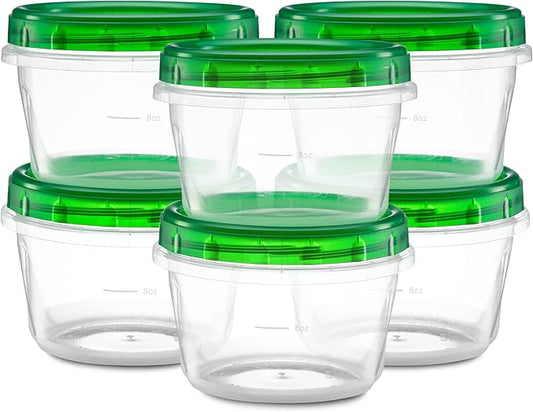 (16 Ounce 10 Pack) Twist cap Containers Clear Bottom With Green Top Screw on Twist Top Food Storage Freezer Containers