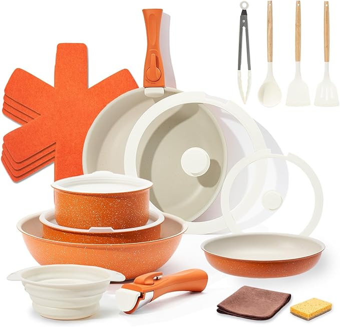 22-Piece Non-Stick Pots and Pans Set, Ceramic Cookware Set with PFAS-Free, Stackable & Detachable Handles, Orange