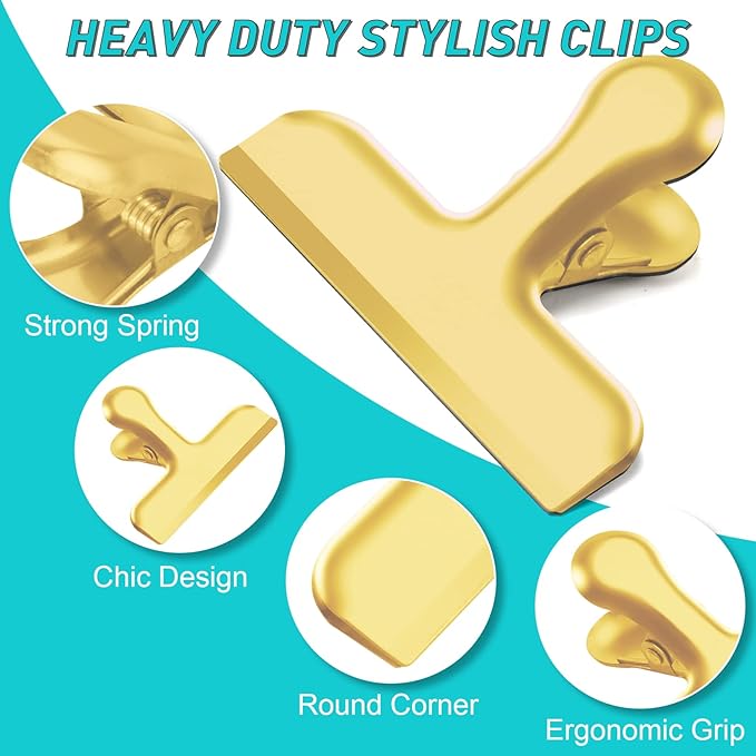 Funfery 24 Pack 3 Inch Stainless Steel Gold Chip Clips Strong Bag Clips Large Clip for Food Packages,Metal Kitchen Food Clip for Snack Home&Office Paper Heavy Duty
