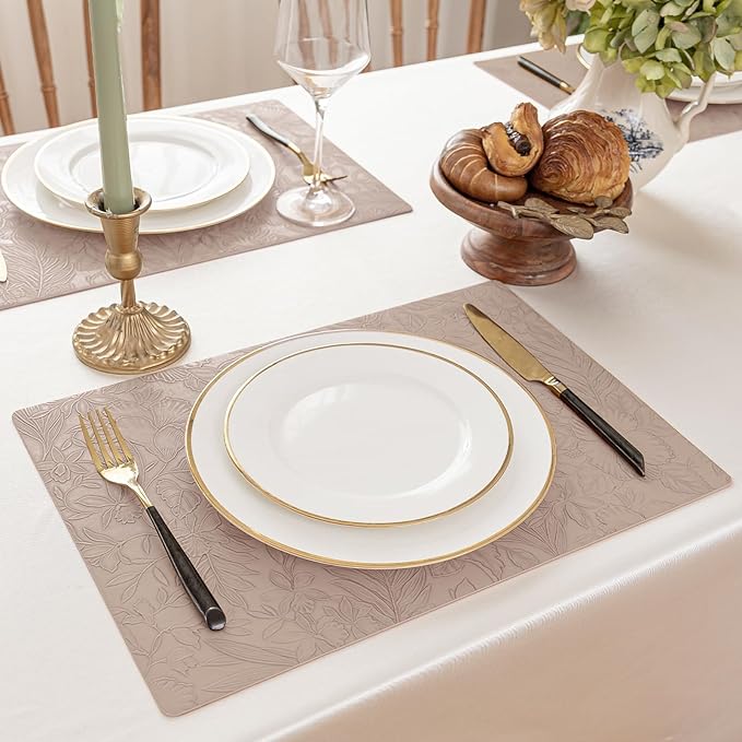 Romanstile Vinyl Placemats Set of 6-12 X 18 Inch - Heat Resistant Non-Slip Embossed Floral Place Mats 100% Waterproof Oilproof Wipeable Faux Leather Table Mats for Kitchen/Dining/Party, Khaki