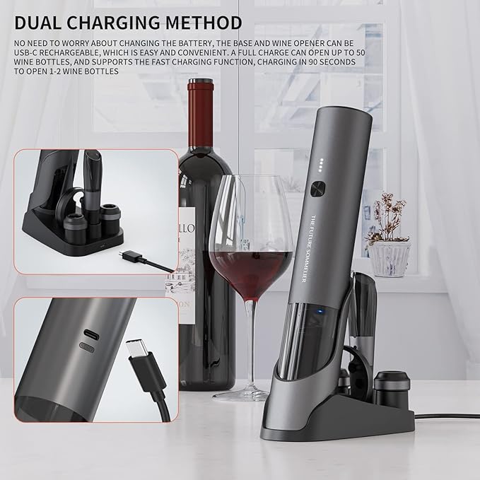 CIRCLE JOY Rechargeable Electric Wine Bottle Opener Set 7-in-1 Aluminum Alloy Wine Gift Set with 2-in-1 Electric Corkscrew & Vacuum Pump, Foil Cutter, Wine Pourer, Charging Base and 2 Wine Stoppers