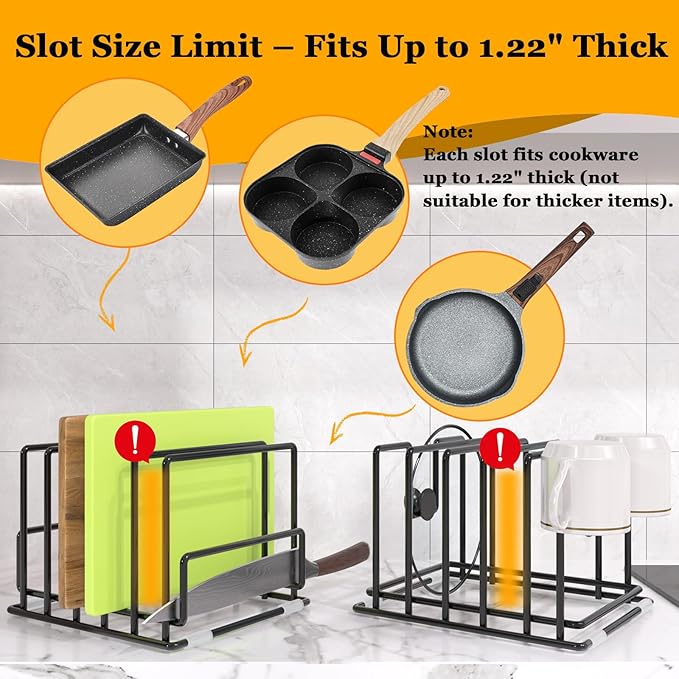 2 Pack Cutting Board Organizer and Pot Lid Holder, Kitchen Cabinet Organizer Rack with 7 & 5 Compartments, Heavy-Duty Iron Baking Sheet Pan Organizer with Non-Slip Base, Space-Saving Kitchen Storage