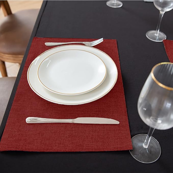 Linen Fabric Placemats Set of 4, Machine Washable, Heat Resistant, Wrinkle Free, Thick Polyester Kitchen Place Mats for Dining Table (Burgundy)