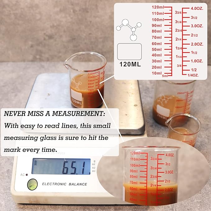 Ackers Mini Glass Measuring Beaker Set, Borosilicate, 2oz 4oz 8oz Measuring Cups