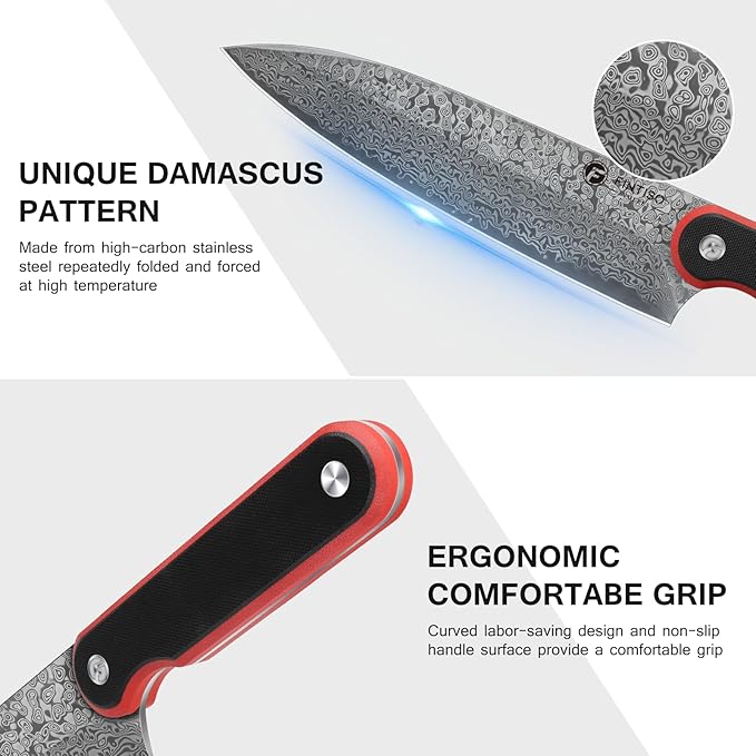 FINTISO Chef Knife 8 Inch, Professional 67-Layer Damascus Stainless Steel Kitchen Knife with 10Cr15CoMoV Steel Core, Ultra Sharp Cooking Knife with Ergonomic Full Tang G10 Handle