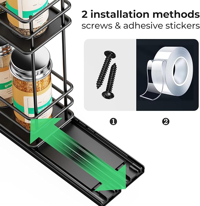 Pull Out Spice Rack Organizer for Cabinet, Slide Out Spice Racks, Easy to Install Spice Cabinet Organizer, 2.1''Wx10.35''Dx8.26''H, 1 Drawers 2 Tiers（Black）