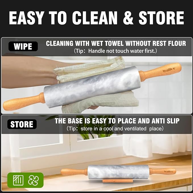 Walfos Marble Rolling Pin With Wooden Handles & Wood Cradle, 16.5 Inch Marble Rolling Pins For Making Pizza Dough And Tortillas, Dough Roller For Pie Crust, Cookie, Pasta (Gray & White)